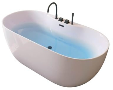 HOME DELUXE - Vasca da bagno autoportante – LENI – Bianco, con rubinetto nero – Dimensioni: circa 170 x 80 x 58 cm – Capacità: 235 litri, con protezione anti-troppopieno, sifone e chiusura I Spa, per