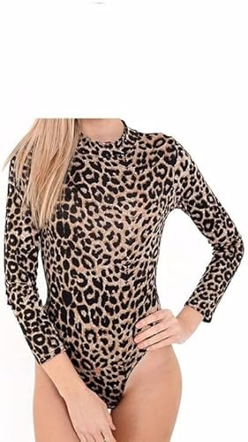 P&R DANCEWEAR LTD Ladies Turtle Neck Bodysuit Ladies Long Sleeve Stretchy Printed Leotard Stylish and Comfortable Brown Leopard M-L