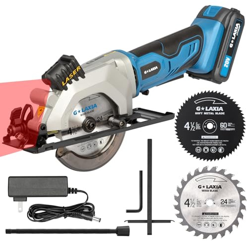 G LAXIA Mini Circular Saw, 4-1/2 3400RPM Cordless Circular Saw with Laser Guide, Rip Guide, Compact Hand Saw with 2Pcs blades（24T+60T), Max Cutting Depth 1-11/16(90°), 1-1/8(45°), Blue