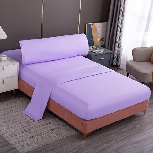 Meishida Juego de Sábanas 3 Piezas para Cama 90cm/135cm/150cm, Sábana Bajera Ajustable, Encimera, Funda de Almohada Color Liso (Cama 150cm, Lila)