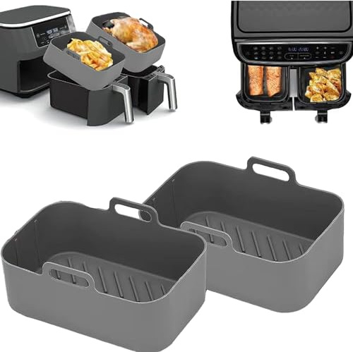 Airfryer Liners for Ninja Dual Air Fryer Dual Pack of 2, Silicone Air Fryer Liners for Ninja Air Fryer, Reusable Air Fryer Silicone Liner for Ninja Air Fryer Accessories (Grey Design May Vary)