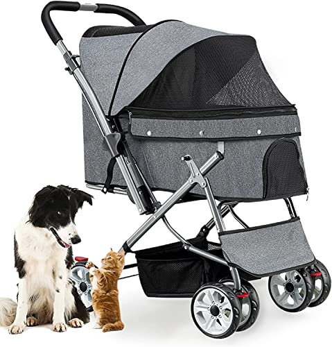 Hundebuggys für mittelgroße Hunde und Katzen, zusammenklappbarer Haustierbuggy mit 4 Rädern, Katzenbuggys für 1 Katze, 360° drehbarer Welpenbuggy vorne mit Netzaufbewahrung