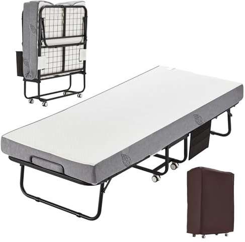 MELLCOM Folding Bed with Mattress,75 x 31 Foldable Rollaway Bed with Mattress for Adults, 5 Inch Memory Foam Mattress,Single Cot Size Portable Bed with Metal Frame&Bed Side Pocket