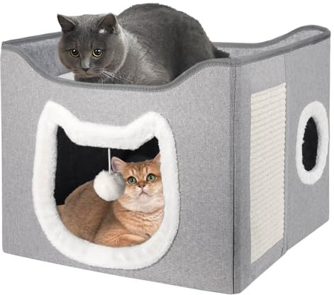 UNKJIN Cat House, Cat Beds for Indoor Cats, Foldable Cat Cave with Fluffy Ball and Scratching Pad, Cat House Indoor for Multi Small Pets, Grey