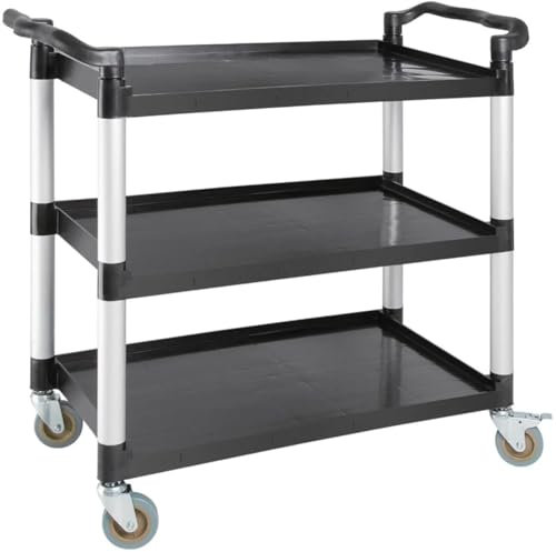 3 Tier Mobile Polypropylene Trolley Black - 180 kg Capacity, Size: 1070 x 960x520mm, Kitchen Storage Cart Including 2x Braked & 2x Plain Easy-Fit Castors for use in Catering, DIY & Housekeeping.