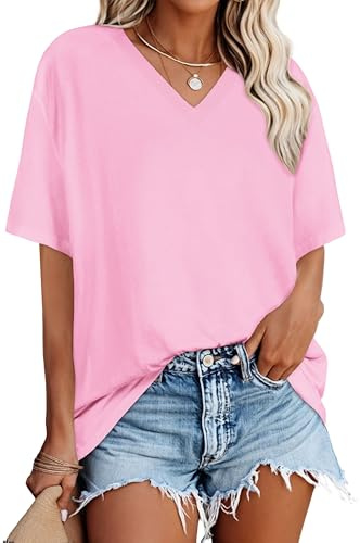 florynova Oversized T Shirts for Women V Neck Summer Tops(Pink,3XL)