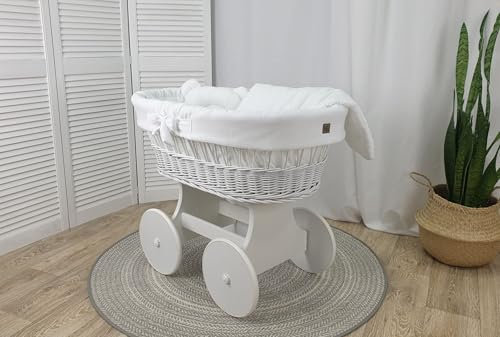 WIKLINOPOL IRENEUSZ ZYGMUNT WICKER WOOD BABY 2000 EU Stubenwagen, Bollerwagen Laura, weiß Stubenwagen-Set mit Ausstattung| Rädern, Tragbares Bett für Säuglinge/Neugeborene (Weiß)