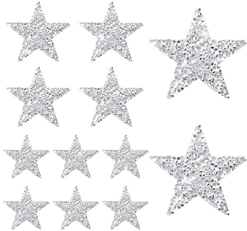 JJUNW Bügelbilder Stern Patches, 12 Stück Glitzer Strass Flicken zum AufbüGeln, Stern Aufbügelbilder Aufkleber 8/6/4cm Strass Star Applikation Aufnäher für DIY Kleidung Hose Hut Schuh Rucksack(Silber)