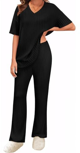 Niwicee Pyjama Femme Ete Ensembles de Pyjama Manche Courte Haut et Longues Pantalon à Taille Élastique Loungewear Vêtements de Nuit Femme 2 Pièces(Noir,L)