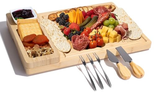 Bambus Käsebrett mit Käsemesser Set Käseplatten Käsebretter Servierplatte Servierbrett Geschenk für Party-Geburtstag, Weihnachts-Thanksgiving-Tag Cheese Board Charcuterie Board