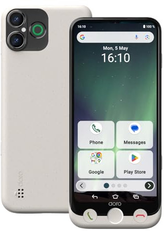 Doro - Aurora A30 Smartphone - Seniorenhandy - Einfach zu bedienen - Hilfetaste mit GPS-Ortung - Hörgerätekompatibel - Inklusive USB-Kabel - Weiß