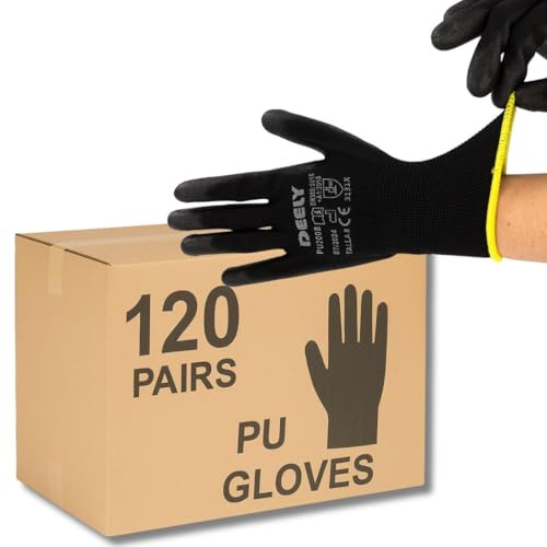Hogalia Guantes Trabajo Hombre, Caja 120 pares Recubiertos de PU – Pack de 120 Pares Antideslizantes y Transpirables para Construcción, Almacén, Mecánica, Jardinería (TALLA 8)