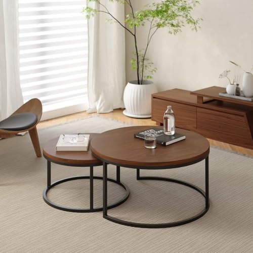 Homary Ensemble de Table Basse Salon Ronde Bois en Noyer Meuble Extensible Moderne (60cm-80cm) (Noyer et Noir)
