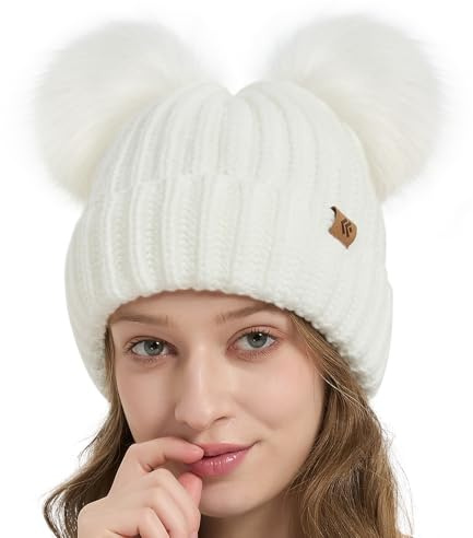 Creekstone dubbel pom pom mössa vintermössor för kvinnor flickor, varm fleecefodrad mössa, tjock stickad hatt fuskpäls noppmössa, Vitt, one size