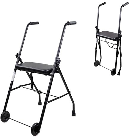 Mobiclinic®, Déambulateur, Pliable, Emérita, Réglable, Robuste, Avec Siège et 2 Roues, Acier, Poignées Ergonomiques, Léger (Noir Mat)
