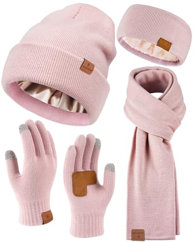 Womens Winter Warm Beanie Hats Gloves Scarf Headband Set for Women Soft Fleece Lined Ear Warmer Knit Scarf Touch Screen Gloves 4 Set Winter Gifts