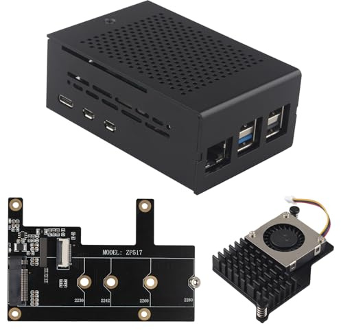 ZDE ZP517A PCIe to M.2-nyckel NVMe SSD-hatt med aluminiumfodral ZC502 och aktiv kylare ZP536 för hallon Pi 5 Support M.2 NVMe SSDs 2230 2242 2260 2280
