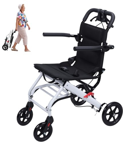 Tifemap Silla de Ruedas Plegable Ligera (8kg), Silla Ruedas de Transporte Estrecha, Acero Al carbono Con Asiento Ancho de 40 Cm Y Freno De Mano, Apoyo 90kg (Blanco Negro - Acero al Carbono)