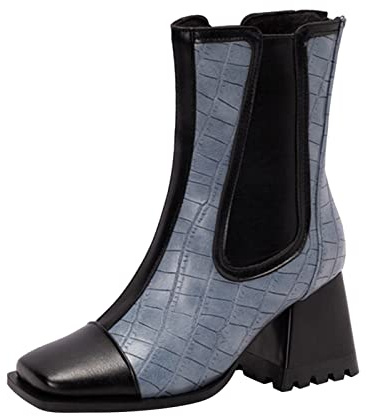Generisch Botines de piel para mujer, con tacón, monocolor, punta cuadrada, tacón de bloque antideslizante, botas de invierno con cremallera, azul claro, 42 EU