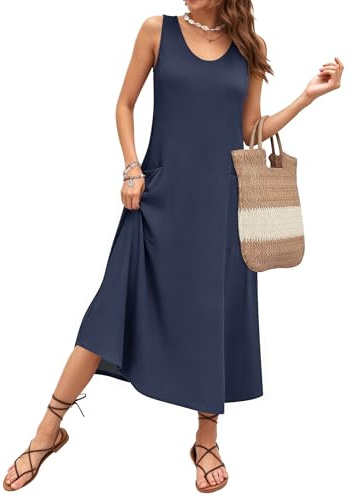 AUSELILY Abito Estivo da Donna Senza Maniche Modello a Trapezio Abito Lungo Casual con Scollo a U Vestito Ampio per Le Vacanze e la Spiaggia con Tasche Blu Navy L