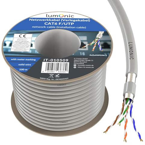 Lumonic LAN Nätverkskabel 100m | LAN Kabel CAT6 F/UTP | Installationskabel 4x 2x AWG26/1 (styv) | 250MHz 10 Gbit/s Ethernet