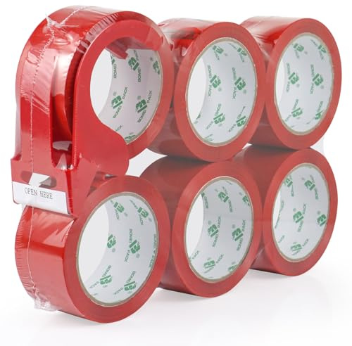 BOMEI PACK Red Packing Tape 6Rolls 48mm x 66m with dispenser Durable Heavy Duty Packaging tape for Shipping Moving Boxes&Office Use -Strong Adheisve Parcel Tape for Cartons Mailing&Storage