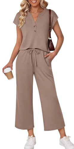 OLIPHEE Tuta Donna Estivi Lounge Set 2 Pezzi con Tshirt Scollo a V e Pantaloni Jogging Completi Donna Spiaggia Vacanza Outfit Sportivi Yoga Fitness Primavera Tracksuit Palestra Ginnastica