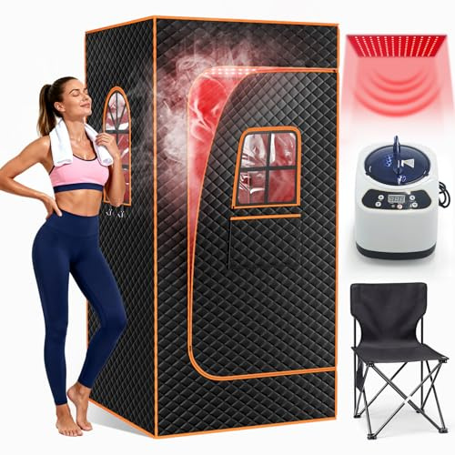 Portable Infrared Sauna for 1 Person - Home Personal Sauna Box with 3L 1000W Steamer for Detox, Relaxation & Stress Relief - Indoor Sauna Tent with Remote Control, Folding Chair