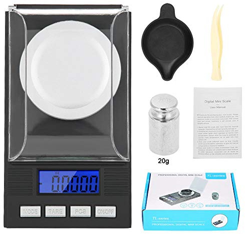 Milligramme numérique pour bijoux, mini balance portable à affichage numérique LED haute précision 0,001 g avec poids d'étalonnage, pince à épiler et poêles de pesée (20 g)