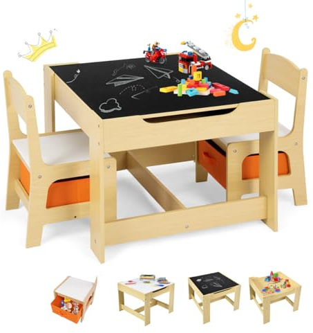GOPLUS Table Enfant avec 2 Chaises, 3-en-1 Petite Table de Dessin, Réversible à Double Face avec Tableau Noir, 2 Boîtes de Rangement, Bureau Enfant Polyvalente pour Manger Etudier Jouer