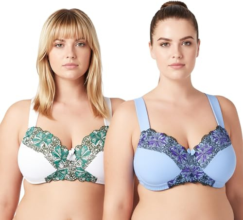 Curve Muse Reggiseno Minimizer da Donna Taglie Forti Reggiseno Senza Fili Sfoderato con Pizzo Ricamato - Confezione da 2 Pezzi-Latticello, Serenità-10G