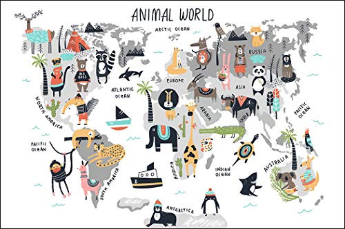 Muralo - Carta da parati fotografica per cameretta dei bambini, 120 x 180 cm, in tessuto non tessuto, motivo: mappa del mondo, animali, per bambini