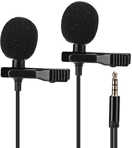 PUSOKEI Micrófono de Solapa de Doble Cabezal, micrófono con Clip de Mini Collar, micrófono de Condensador omnibroteado para teléfono móvil Entrevista de grabación de transmisión en