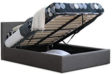 Modernique Grey Fabric Ottoman Storage Bed, Grey Linen Gas Lift Up Storage Bed in Small Double Bed Frame