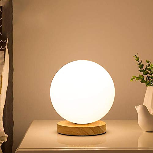 ChaoZan Moderna lámpara de mesa de noche Madera Vidrio E27 lámpara de lectura redonda blanca con interruptor para dormitorio sala de estudio Cafetería