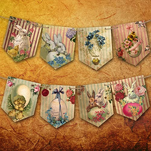 Decoraciones de Pascua, pancarta vintage de Pascua, banderines de Pascua, regalos de Pascua para niños con lindo patrón de conejo y huevo, decoraciones de Pascua, guirnalda de Pascua para chimenea