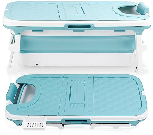 Cecaylie 149x60x50cm Faltbare Badewanne Erwachsene, Tragbare Klappbare mobile Badewanne mit Abdeckung & Massagerollen, Seifenkorb, für Badezimmer und Dusche - Blau