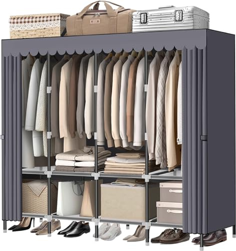 LOKEME Wardrobe Closet，Grey Portable Closet with Zippers， 65.4Inches 19mm Diameter，Portable Closets for Hanging Clothes，with 4 booms and Storage cabinets，Spacious Large -Capacity Storage Space