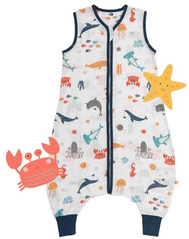 Slumbersac Saco de dormir bebe con pies para el verano 80 cm Animales marinos 0.5 Tog de muselina | Saco dormir con piernas para tamaño del cuerpo 80-90 cm | Saco de dormir de verano