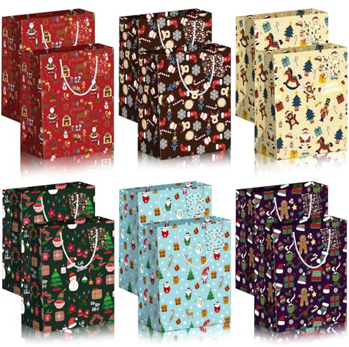 MTINRNI Buste Regalo Natale,6 Modelli 12 Pezzi Sacchetti Regalo Natale,con Etichette e Manici, Borse Doni con Stampe Natalizie Assortite,per Sacchetti Regalo di Natales per Candy and Regali.