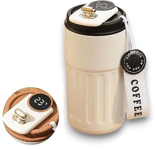 FlyHigh Termo con indicador de temperatura y correa de transporte – Vaso térmico para café y té, 450 ml, acero inoxidable, para llevar de viaje, color negro