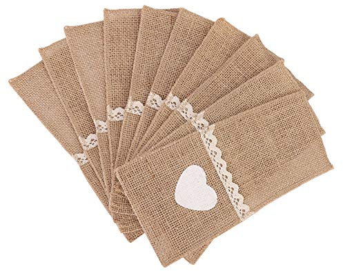 Rankomu Bestick Ficka Jute Spets Bestickhållare, 10 st säckvävskniv gaffel Fickpåse för bröllop och julfestdekor, original färg med hjärtform