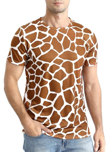 COSAVOROCK T-Shirt Imprimé Girafe Chemise Homme à Manches Courtes Animalier 3D, Marron, L