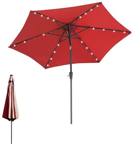 Eulenke Sonnenschirm mit LED solar Ø 270 cm, beidseitig um 30° Kippbar, gartenschirm UV-Schutz Polyester Schirmstoff, Wasserabweisend und schmutzabweisend, Marktschirm ohne Ständer, Rot