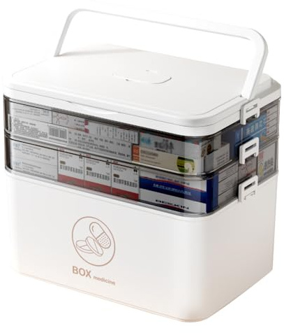 SINBINTA 3 Layer Medicine Storage Box, Plastic First Aid Box with Handle, Portable Medical Organiser Household Medication Storage Boxes for Home, School, Office (3 Tier)