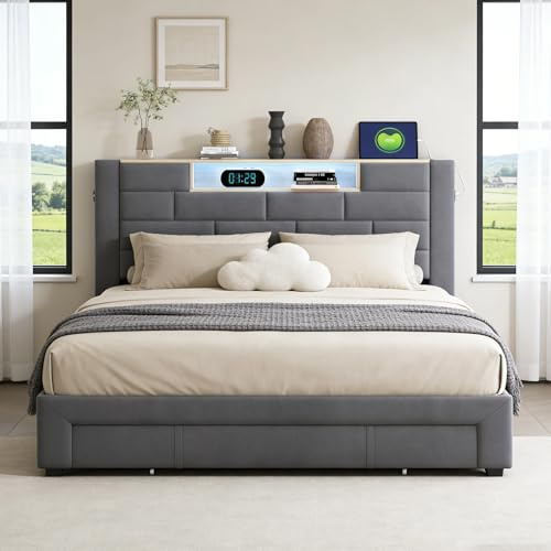 BRILVERDE Letto imbottito 160x200 con Contenitore, letto matrimoniale con USB e LED, con 3 cassetti, letto funzionale con testiera, struttura letto con rete a doghe, velluto (Grigio, 160 x 200 cm)