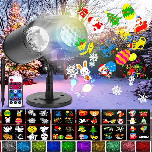 ZZXLOPEZ Projecteur Noel Exterieur, Projecteur LED Noël 2 en 1, Lumières de Projection avec 12 Diapositives 10 Effet de Vague d'eau, Etanche Lampe de Projection pour Halloween, Noël, Fête, Jardin