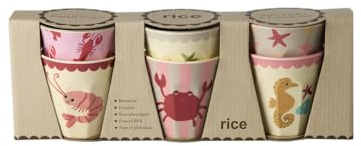ReWu Rice Melamin Becher - Coral Ocean Print - 6er-Set Becherset Kinderbecher Campingbecher Campinggeschirr Trinkbecher Melamingeschirr Bruchsicher BPA-frei 160ml