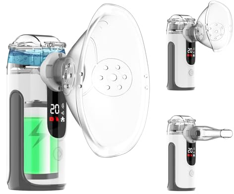 Aerosol Portatile Silenzioso a Ultrasuoni–Macchina per Aerosol Adulti e Bambini con Batteria Ricaricabile 1200mAh, Nebulizzatore Inalatore con 2 Maschere e Boccaglio per Casa e Viaggio (Grigio chiaro）