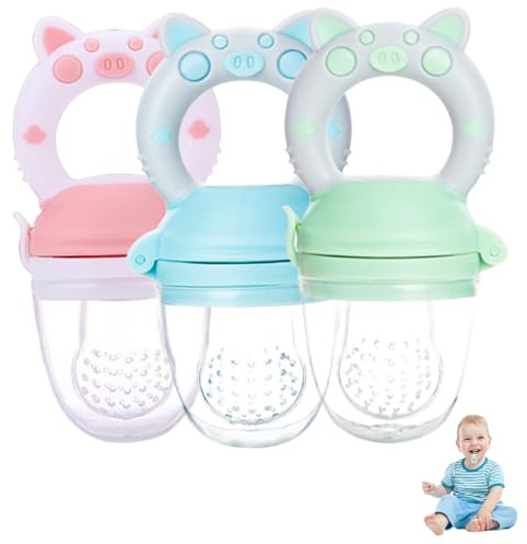 Alimentador de frutas para bebés de 3 piezas con 3 bolsas de silicona de grado alimenticio, alimentador de alimentos para bebés, con mango redondo, mordedores de frutas fáciles de limpiar para be.